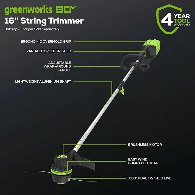 Greenworks 80V 16" Brushless Cordless String Trimmer – Battery & Charger Not Included, .080" Dual Line, Variable Speed, Lightweight Design, 4-Year Warranty
