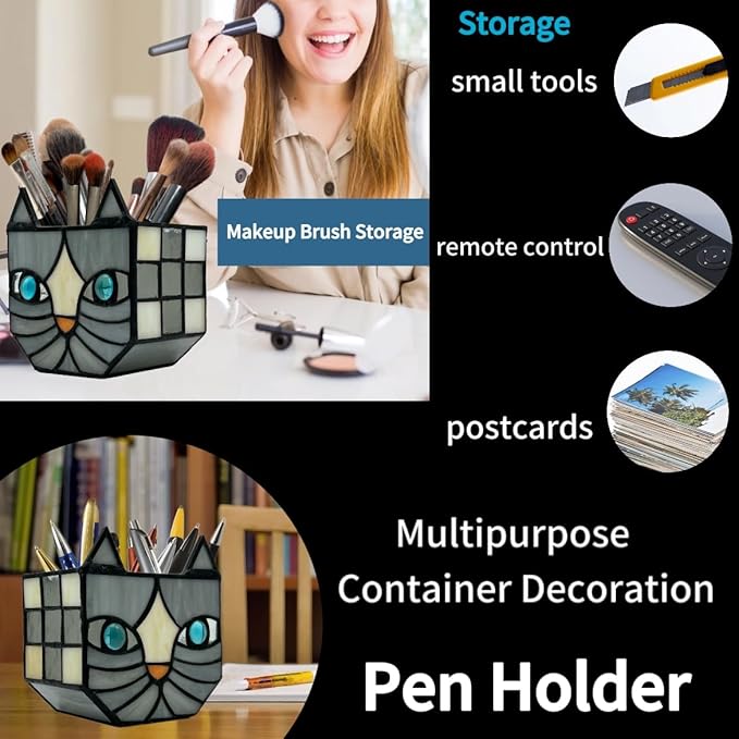 Unique Stained Glass Gray Cat Planter, Plant Pots Indoor,Indoor Flower Pots with Drainage,Window Sill Cat Decoration Gift,4.6x5.15x3IN