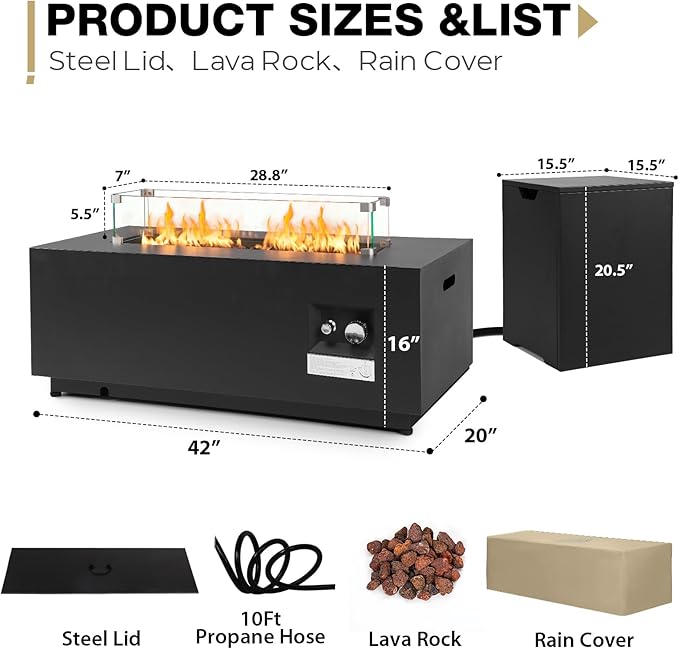 42-inch Outdoor Propane Fire Pit Table Rectangular - Modern Gas Fire Pits Patio Heavy-Duty Firepit 50,000 BTU Fire Table with Tank Cover, Wind Guard for Backyard, Deck(Black)