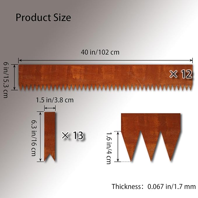 Corten Steel Landscape Edging, 40" L x 6" H, 15 GA Thickness, 12 Pack + 13 Stakes, Enhance Garden, Yard, Park, Lawn, Plants & Vegetables w/Long-Lasting Rust-Finish Cor-Ten Edging