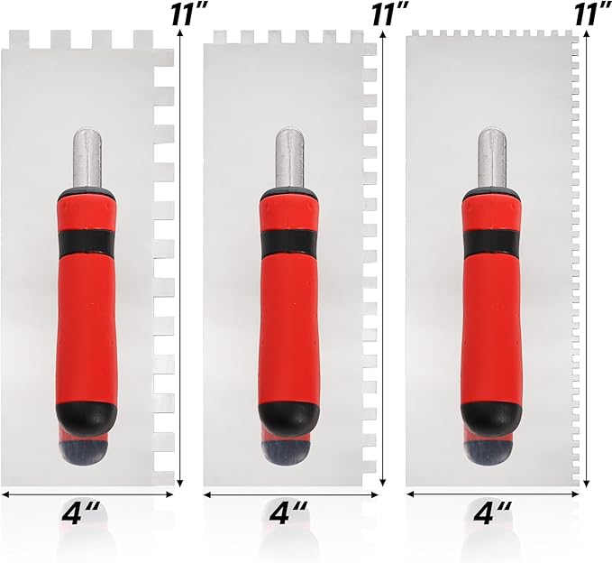 Peohud 3 Pcs Concrete Trowel, Stainless Steel Square Notched Trowel, Flat Finishing Trowel for Tile Cement Drywall Plastering Wall Floor Tiling Installation, Masonry Hand Tool Kit