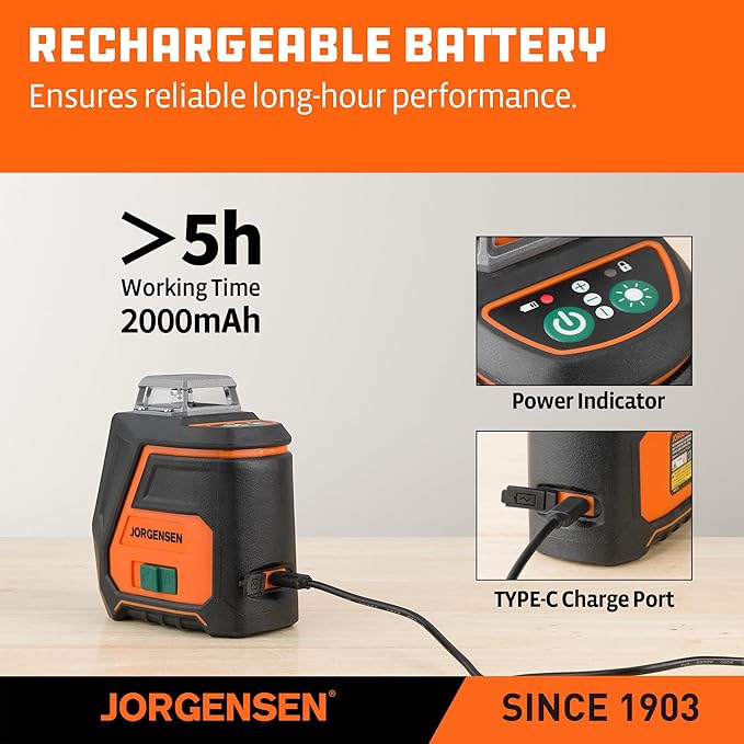 JORGENSEN 360° Laser Level with Tripod, 100 FT Rechargeable Self Leveling Cross Line Laser Leveler Tool with Magnetic Base, Wide Angle Green Laser Level for Picture Hanging, Floor Tile, Construction