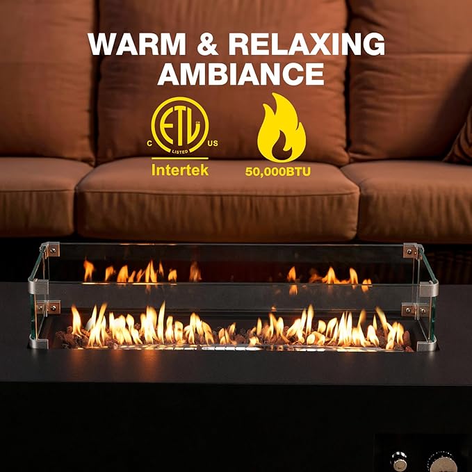 42-inch Outdoor Propane Fire Pit Table Rectangular - Modern Gas Fire Pits Patio Heavy-Duty Firepit 50,000 BTU Fire Table with Tank Cover, Wind Guard for Backyard, Deck(Black)