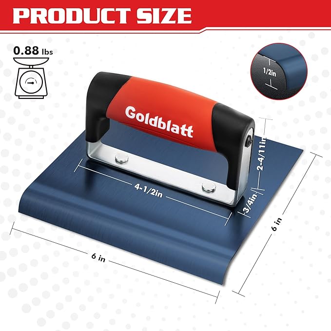 Goldblatt Concrete Edger Tool, 6" x 6" Blue Steel Edger (3/8"R, 1/2"D), Durable High Carbon Steel Concrete Finishing Tools - Masonry Hand Tool with Soft Grip, Sturdy Steel Mounting