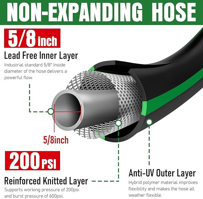 Heavy Duty Garden Hose 6ft, NON-EXPANDABLE Flexible Water Hose, Kink Resistant Lightweight Hybrid Hose, Leakproof Hose Male to Female Fittings