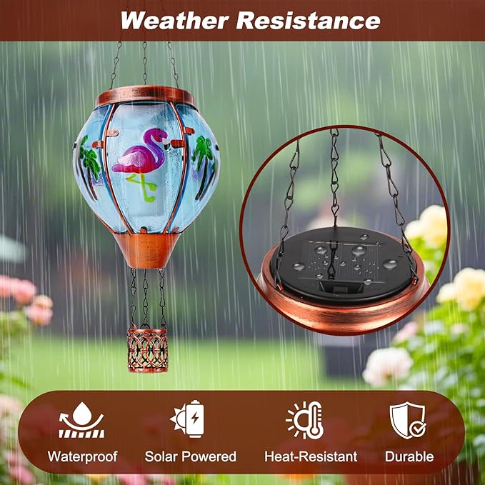 Flamingo Solar Hot Air Balloon Lantern, Outdoor Decor with Flame Lights Waterproof, Hanging Lights for Garden Yard Lawn Patio, Unique Gifts for Women Mom Grandma Gardener for Mother'Day