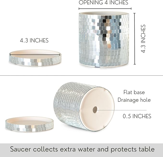 SCANDINORDICA Disco Ball Planter Pot - 4.3 inch Disco Ball Vase, Disco Planter, Ceramic Planter Pots Indoor with Drainage Hole and Saucer, Cute Eclectic Decor, Preppy Room Decor | 0.3" Mirror Tiles