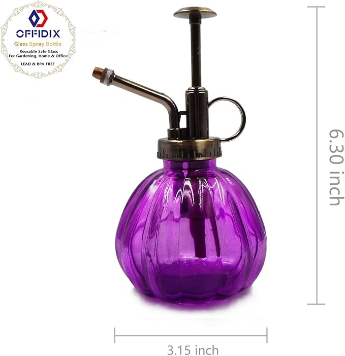 OFFIDIX Glass Watering Spray Bottle, 6.3" Tall Vintage Style Plant Mister with Bronze Plastic Top Pump One Hand Watering Can Glass Spary Bottle (Dark Purple)