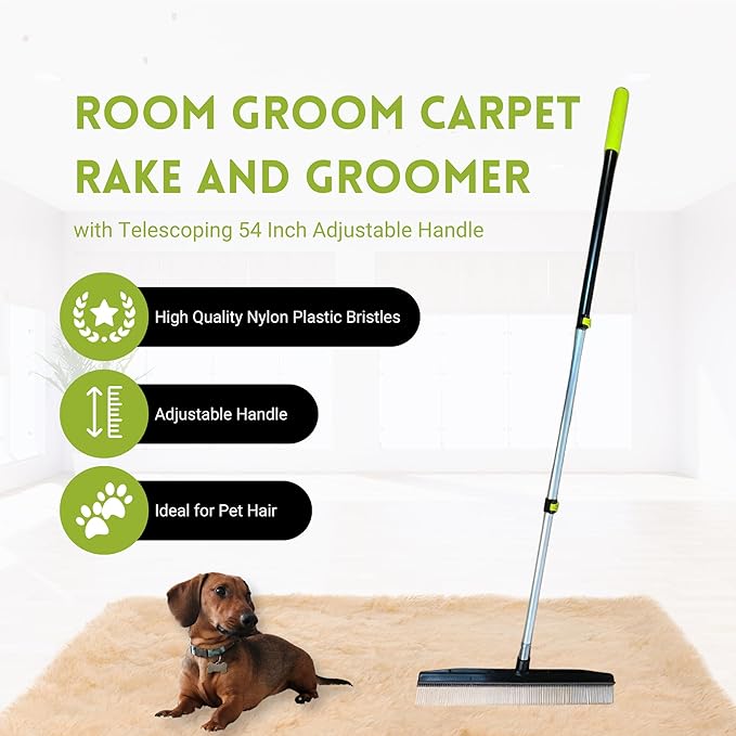 Room Groom Carpet Rake Groomer with Telescoping 54" Adjustable Handle & Portable Lint Remover Brush Tool, Carpet Brush Ideal for Pet Hair, Refreshing Carpets, Rugs, and Artificial Turf