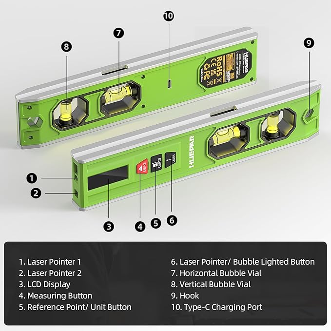 Huepar 3-in-1 Laser Level /65Ft Laser Distance Measure/Magnetic Torpedo Level, 9 in Spirit Level with LED Display and Lighted Bubble, Type C Rechargeable Magnetic Laser Leveler Tool - VJ10