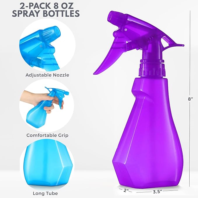 DilaBee (8oz 2-Pack Plastic Spray Bottle - Water Spray Bottle for Hair, Cooking, Cat Training & Cleaning Solution, Plant Misters for Inside & Outside - Spritzer Bottles for BBQ BPA-Free. Blue-Purple
