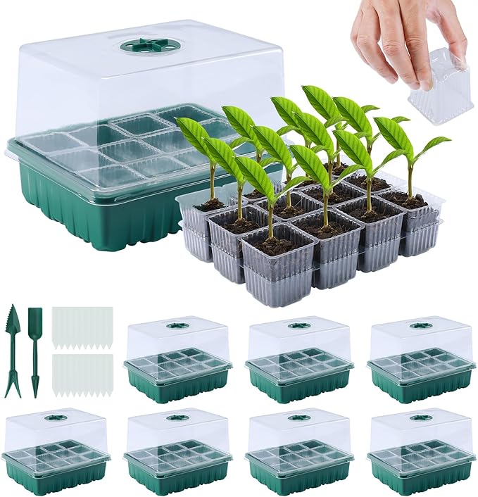 Seedfactor 7 Packs Seed Starter Tray, 84 Separate Cells Seedling Starter Trays Kit with Humidity Dome and Base Indoor Greenhouse Mini Propagator, Reusable Seedling Tray for Plants Indoor-Clear