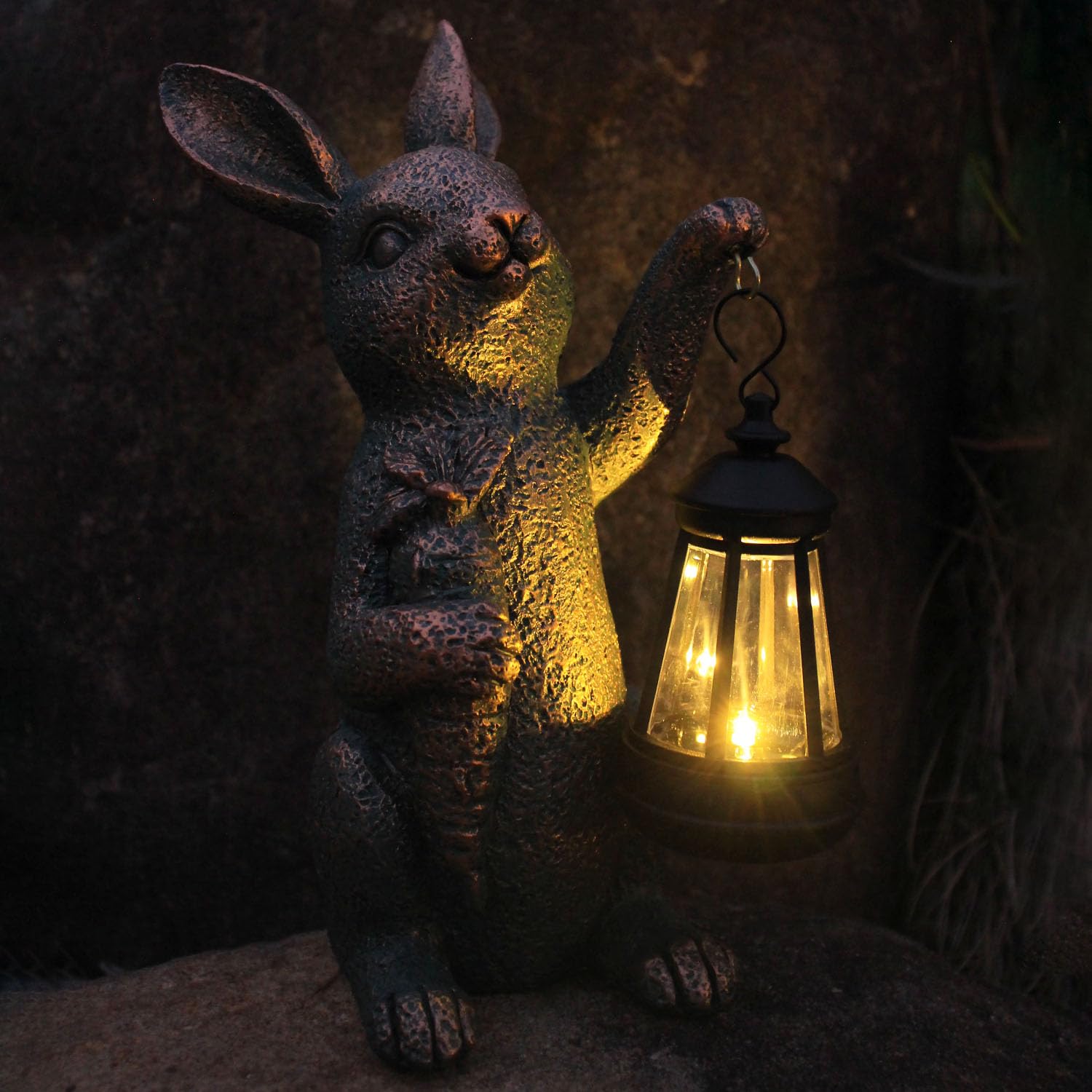 Solar Garden Statues -Rabbit Lantern Outdoor Handmade Resin Statue with LED Light, Cute Carrot Holder for Patio, Yard, Gift Ideas (rabbit2)
