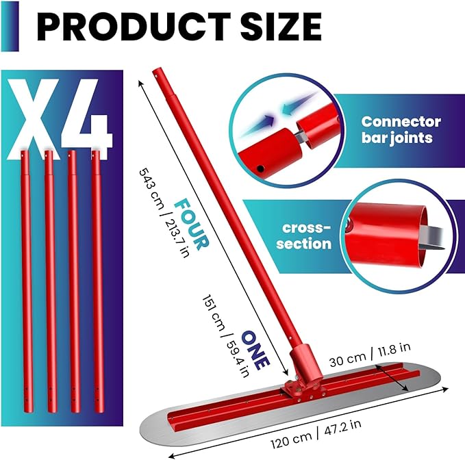 Bull Float With 48x12 Inch Base, 22 Pounds Bull Float Concrete Tools, Stainless Steel Concrete Bull Float With Four Aluminum Alloy Poles, Concrete Finishing Tools