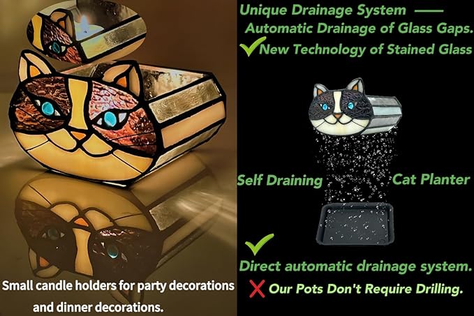 Cactus Black Cat Planter, Cute Small Stained Glass Flower Pot,Terrarium Planter for Tabletop Houseplants，Gifts for Cat Lovers 4.33x3.54x2.95 in (Flower Pot Does not Include Plants)