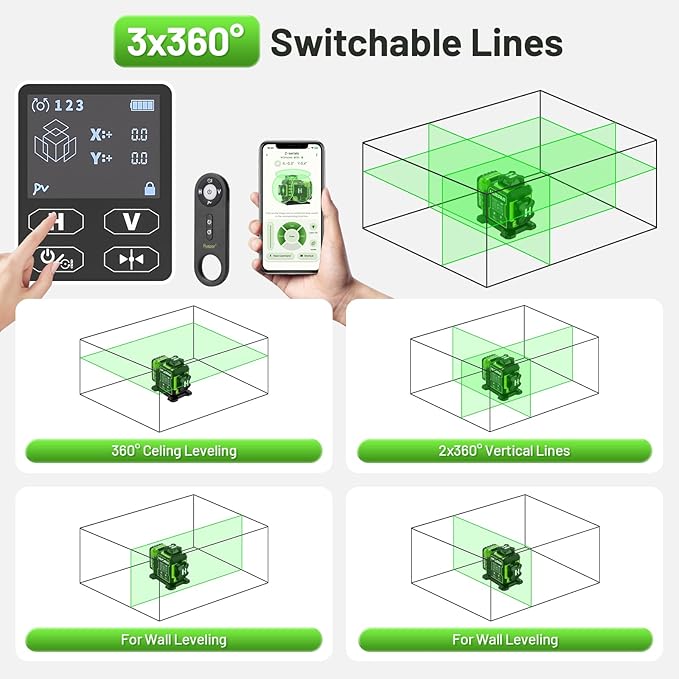 Huepar 2024 New Construction Laser Level 3x360 Self Leveling, 3D 12 Lines Bluetoothed Laser Level with Electric Rotating Base ＆ Large LCD Screen, 3 Planes Green Cross Lazer Leveler Tool W03CG