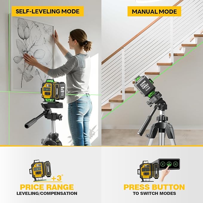 Laser Level with Tripod, Alloyman 4x360° Self Leveling Laser Level, Green Line Laser 4D Laser Leveler Tool with 2Pcs Lithium Batteries for Picture Hanging, Tile, Home Renovation, Indoor