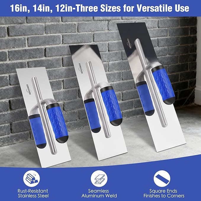 3PCS Drywall Trowel, Stainless Steel Finishing Masonry Trowel Set Includes 16"x 4", 14"x 4",12" x 4" Rust-Resistant Concrete Finishing Trowels, Flat Trowels for Plaster & Wallboard Finishing