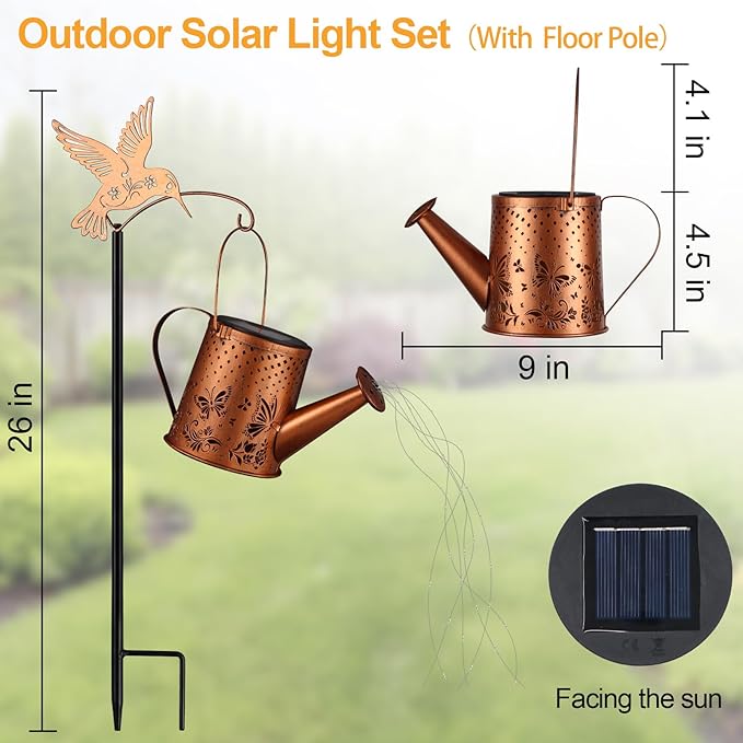 Outdoor Hanging Solar Lantern Waterproof Set Outside Metal Openwork Butterfly watering can Landscape Lights for Garden Yard Patio Pathway Decor Birthday Gifts for Women Mom Grandma -With Floor Pole