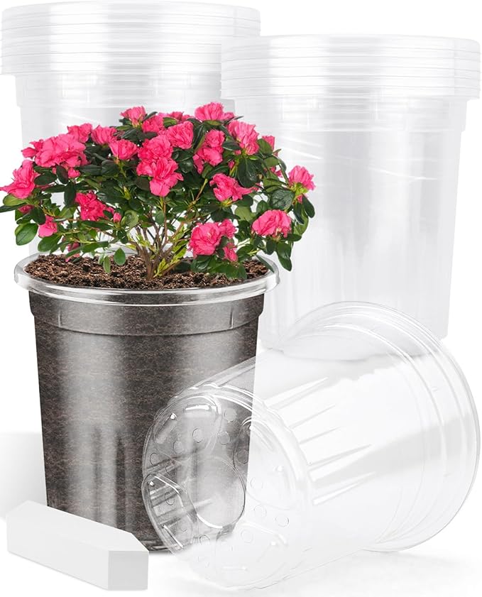 PACETAP 15Pack 6.5 Inch Reinforced Clear Nursery Pots with Drainage Holes, Thickened Plastic Plant Pots with 15 Plant Labels for Indoor Outdoor Flower Seed Starter