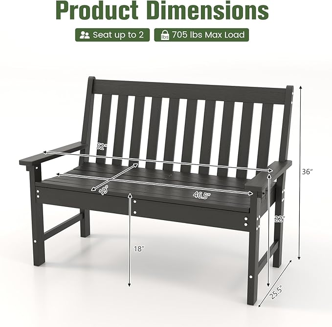 Tangkula 2-Person Outdoor Garden Park Bench, All-Weather HDPE Patio Loveseat Chair with Cozy Backrest, Ergonomic Loveseat Bench for Backyard, Poolside, Front Porch, 705 lbs Max Load (Black)