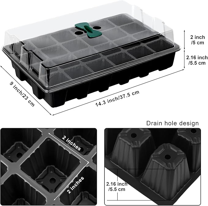 Elcoho 8 Pack 192 Cells Seed Starter Tray Kit Seedling Tray Propagator Plant Grow Tray with Humidity Dome and Base Plastic Planter for Greenhouse Germination Starter, 24 Cells per Tray, Black