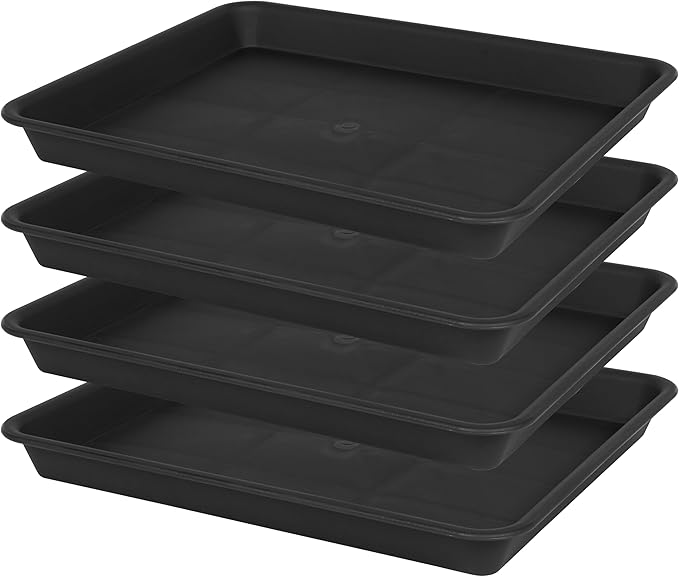 4 Pack Plant Saucer Tray Rectangular, Plant Saucers for Indoors, Heavy Sturdy Plastic Plant Drainage Trays, Plant Drip Trays for Pots, Seed Starter Growing Tray (11 x 9 inch, Black)