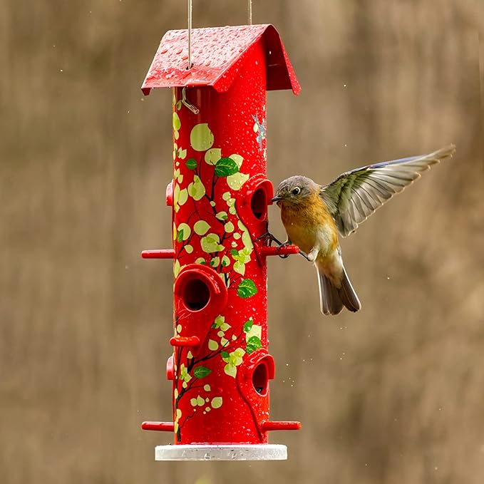 Kingsyard Metal Bird Feeders for Outdoors Hanging, 6-Ports Tube Bird Feeder, 14 inch, Durable & Weatherproof, Large Capacity for Attracting Wild Birds (Red)