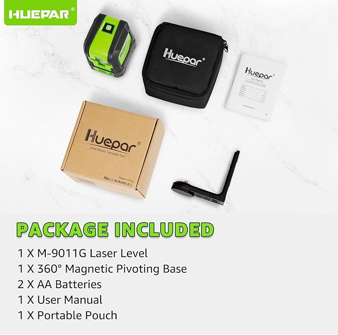 Huepar Laser Level, 100Ft Self Leveling Green Cross Line Laser for Picture Hanging, Tile, Decoration & DIY Construction – 360° Magnetic Base & AA Battery, Indoor Use