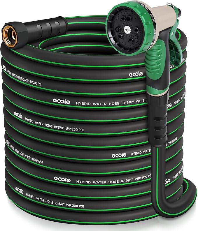 Heavy Duty Garden Hose 100ft with Nozzle, NON-EXPANDABLE Flexible Water Hose, Kink Resistant Lightweight Hybrid Hose, Leakproof Hose Male to Female Fittings