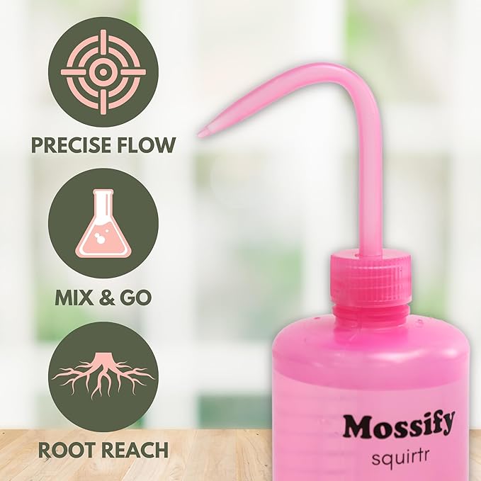 Mossify Squirtr Bottle 480ml – Clear Squirt Water Bottle for Plants, Tattoo, Hair & Labs – Easy Squeeze Plant Waterer with Long Nozzle – Refillable Seedling Watering Can, Wash Bottle - Pink
