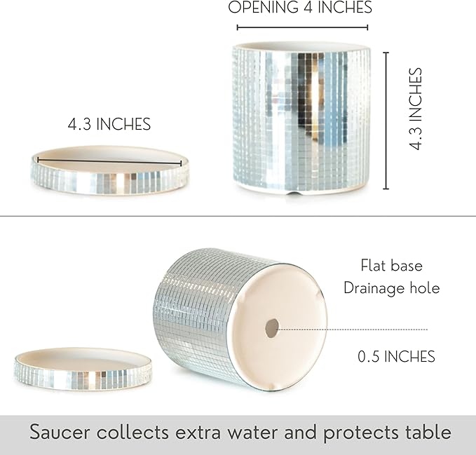 SCANDINORDICA Disco Ball Planter Pot - 4.3 inch Mirror Disco Ball Vase, Disco Planter, Ceramic Planter Pots Indoor with Drainage Hole and Saucer, Cute Desk Decor for Women | 0.2" Mirror Tiles