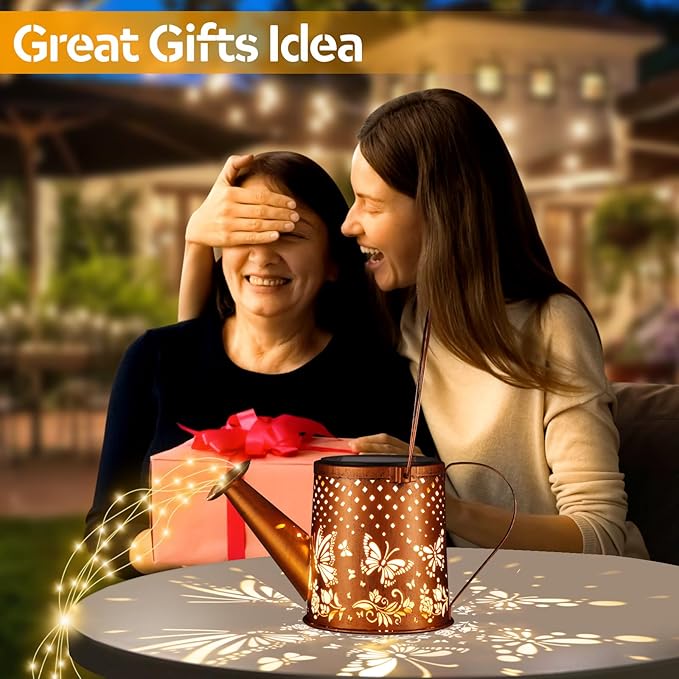 Outdoor Hanging Solar Lantern Waterproof Set Outside Metal Openwork Butterfly watering can Landscape Lights for Garden Yard Patio Pathway Decor Birthday Gifts for Women Mom Grandma -With Floor Pole