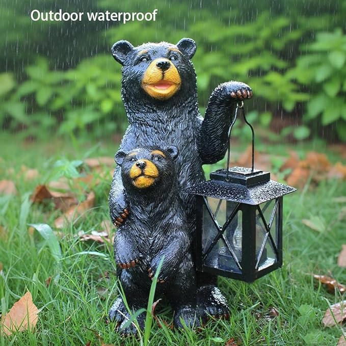 Solar Powered Black Bear Statue Decorative Lights - 10 Inch 1 Pack Black Bear Statue Outdoor Garden Patio Tabletop Decoration, Best Garden Gift for Mom, Lady