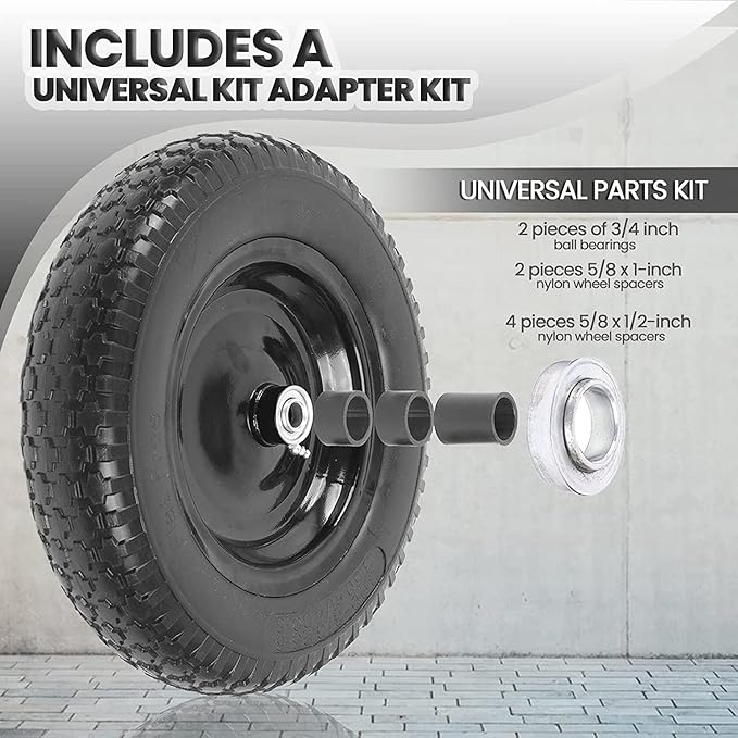 (2-PACK) 4.80/4.00-8" Flat Free Tire and Wheel - Universal Fit 14.5" Solid Wheelbarrow Tires with 3" Hub and 5/8" Bearings – Extra Adapter kit includes 3/4" Ball Bearings, 1" and 1/2" Nylon Spacers