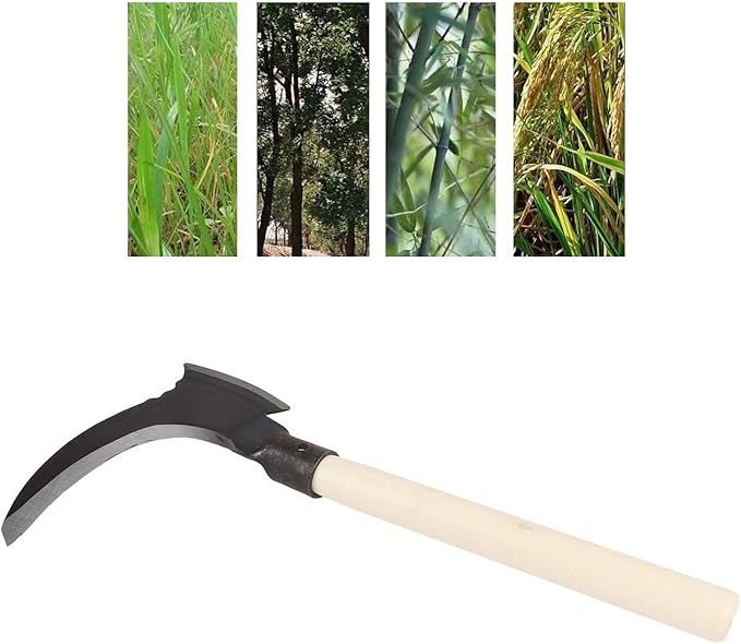 High Manganese Steel Scythe Multifunctional Mowing Cutting Trees Sickle for Gardening Tools - Double Sickle (Single Cutter Head, Wooden Stick)