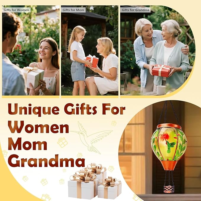 Solar Hot Air Balloon Lantern with Flame, Hummingbird Outdoor Solar Lanterns for Outside Garden Yard Farmhouse Patio Pathway Decoration, Hummingbird Gifts for Women Grandma Mom（2Pack