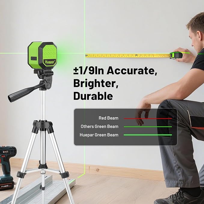 Laser Level with 42 Inch Tripod, Huepar 100Ft Self Leveling Laser Level Rechargeable Green Cross Line Lazer Leveler Tool for Picture Hanging, Tile, Home Renovation, Carrying Bag Included