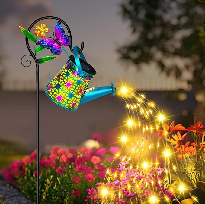 Solar Watering Can with Lights, Waterproof Solar Lantern with Butterfly Shepherd Hook, Hanging Garden Lights for Patio Yard Lawn Porch Outdoor Decoration 2 Pack