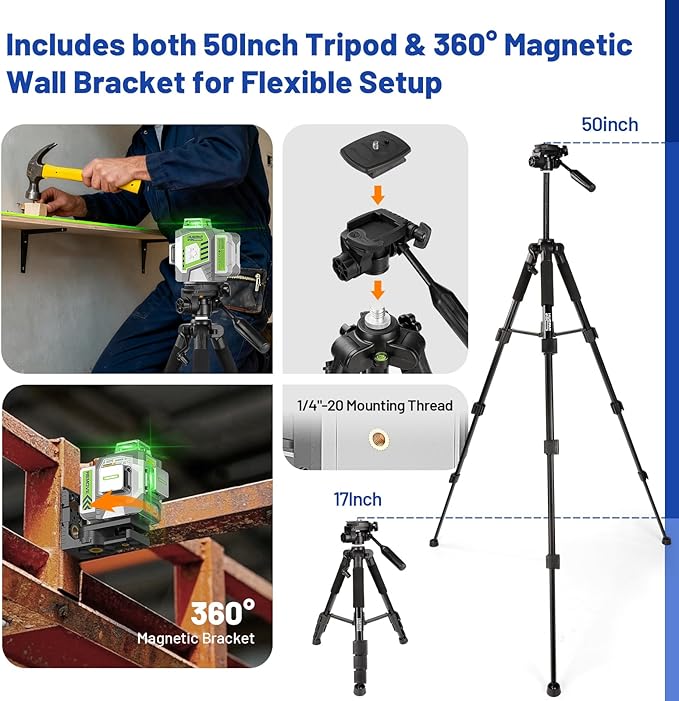 Laser Level 360 Self Leveling with 50inch Tripod, Huepar Pro 3 x 360° High Brightness Green Laser Leveler Tool for Construction, Tile and Picture Hanging, 8000mAh Li-ion Battery & Magnetic Bracket