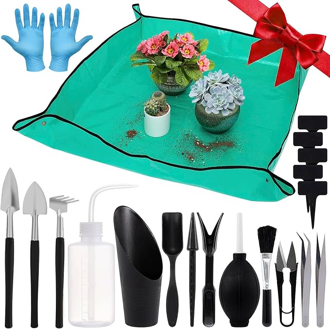 Pack of 20 Succulent Tool Set - 39.4" Indoor Plant Repotting Mat and 19 Pcs Miniature Succulent Hand Tools Garden Flower Plants Transplanting Supplies for Indoor Outdoor Plant Care, Green