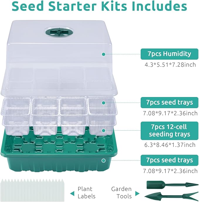Seedfactor 7 Packs Seed Starter Tray, 84 Separate Cells Seedling Starter Trays Kit with Humidity Dome and Base Indoor Greenhouse Mini Propagator, Reusable Seedling Tray for Plants Indoor-Clear