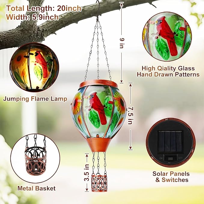 Solar Hot Air Balloon Lantern with Flame, Cardinal Glass Solar Hanging Lights Outdoor Yard Patio Farmhouse Decoration, Cardinal Gifts for Women Grandma Mom(4 Pack)