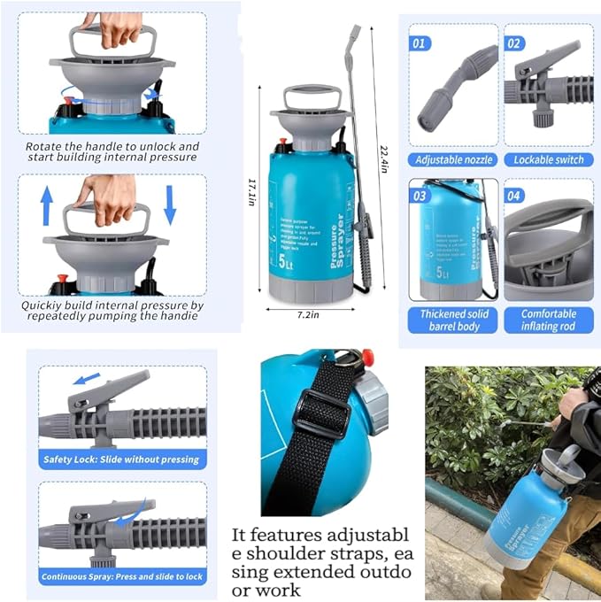 Upgraded Reinforced 1.3 Gallon Pump Pressure Sprayer-Watering for Plants, Weeds Control, Lawn Care with Adjustable Nozzles &Comfort Strap