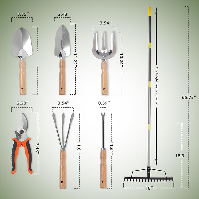 8 Piece Stainless Steel Gardening Tool Set - 17 Tine Heavy Duty Rake, 5 Piece Hand Tool Kit, Pruning Shears, and Gloves - All Season Gardening Essentials