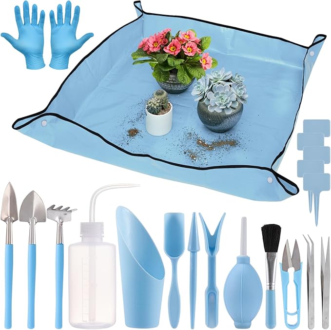 20 pcs Succulent Tool Set - 39.4" Indoor Plant Repotting Mat and 19 Pcs Mini Succulent Hand Tools, Garden Flower Plants Transplanting Supplies for Women Holiday Gardening Gifts Outdoor, Blue