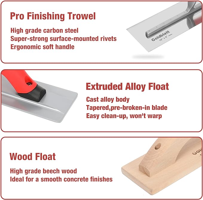 Goldblatt 8 Pieces Masonry Hand Tool Set Includes Finishing Trowel, Gauging Trowel, Groover, Edger, Extruded Alloy Float, Wood Float and Wire Twister, Organized in Tool Bag