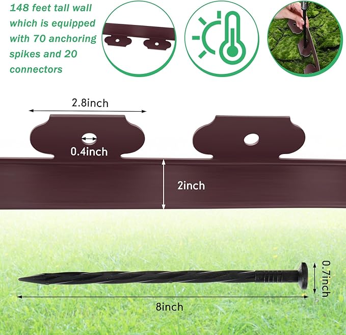 Queekay Landscape Edging Kit 148 ft with 70 Spikes 20 Connectors Plastic Border for Garden, Lawn, Yard, Pathway(Brown,2 Inch)