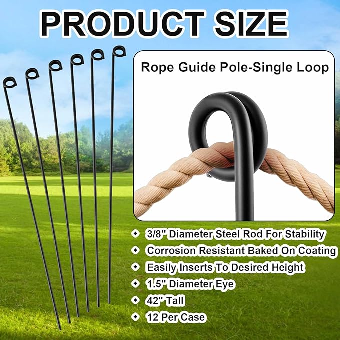 Ferraycle 24 Pcs 42 Inches/3.5 ft Single Rope Poles Steel Stakes with Loop for Creating a Rope Border Around Flower Beds, Fence, Trees, Garden, Walkways, Fountains