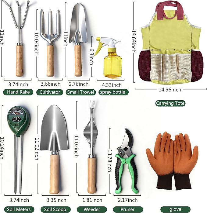 10-Piece Premium Gardening Tools Set-Duty Stainless Steel Rust-Proof Tools with Storage Tote,Perfect Gardening Gifts,Gardening Supplies Set with Hygrometer Suitable for Both Men and Women(Pink)